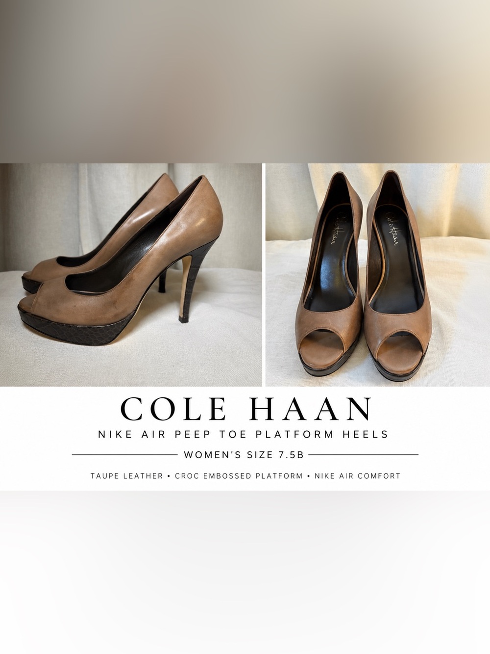 Cole Haan Nike Air Peep Toe Platform Heels Taupe Leather Croc 7.5B NWOB